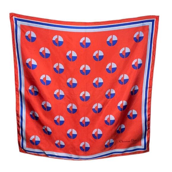 Vintage Christian Dior CD Print Silk Scarf Square Red Navy Blue - Picture 1 of 15